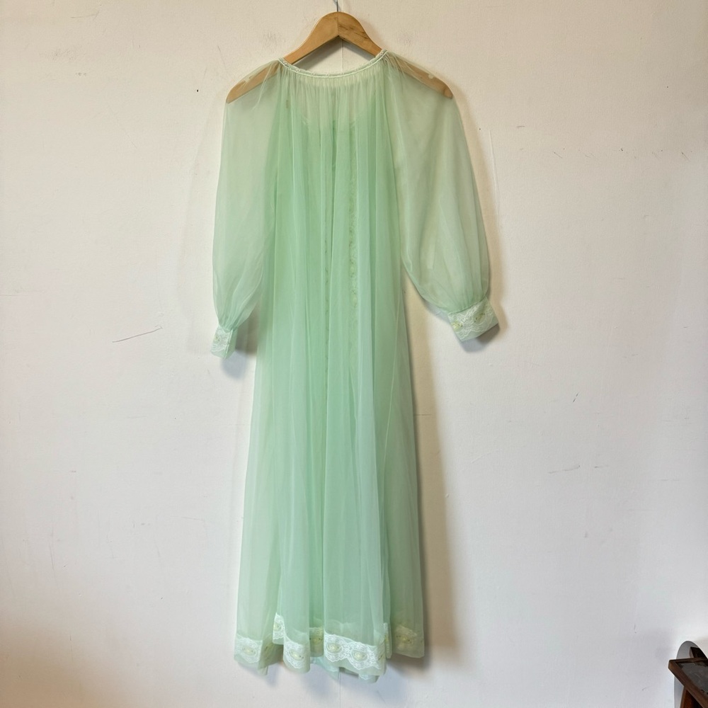 Vintage 50s Peignoir Set Mint Green Nighty Robe Lace Sheer Retro Small Medium - Picture 16 of 16